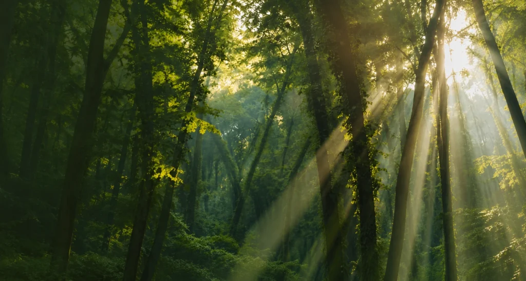 Sonnendurchfluteter Wald als Symbol für naturnahes Abschiednehmen